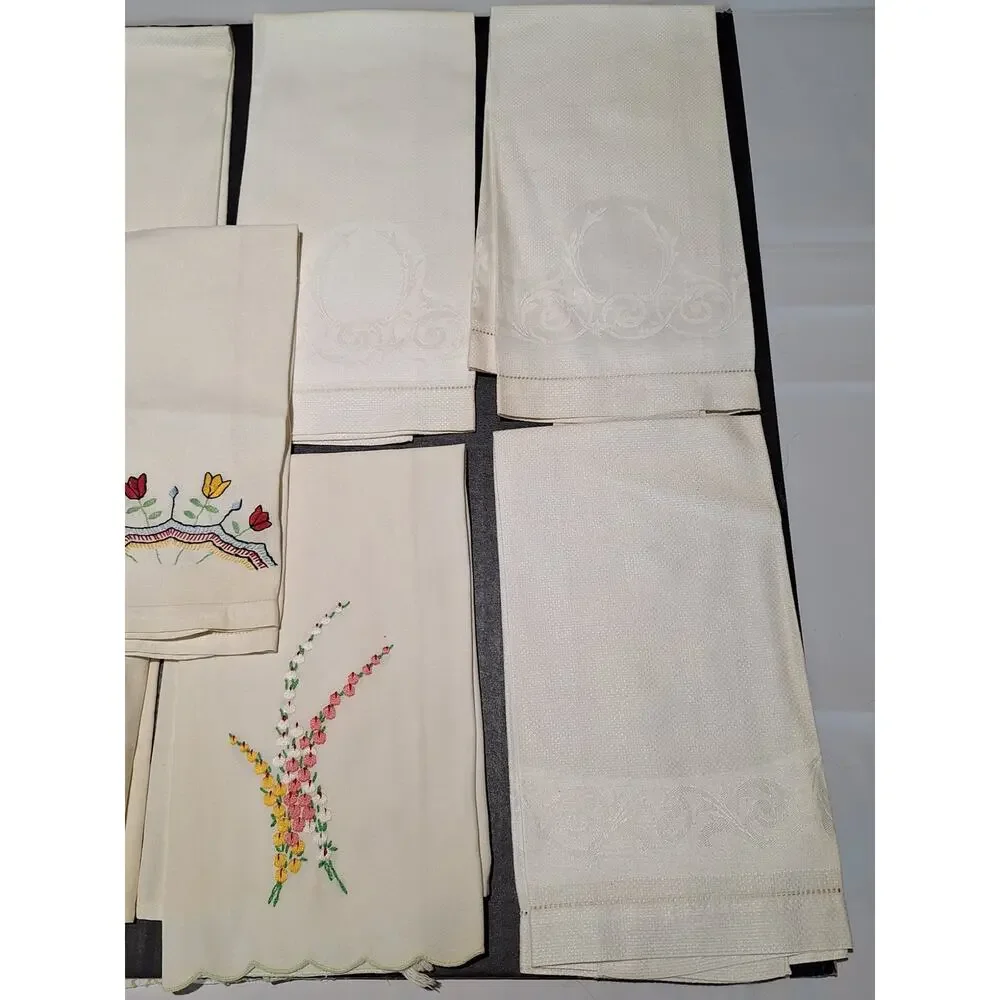 Vintage Linen Hand Towels Lot Hand Embroidered Floral Damask Hemstitch Scalloped